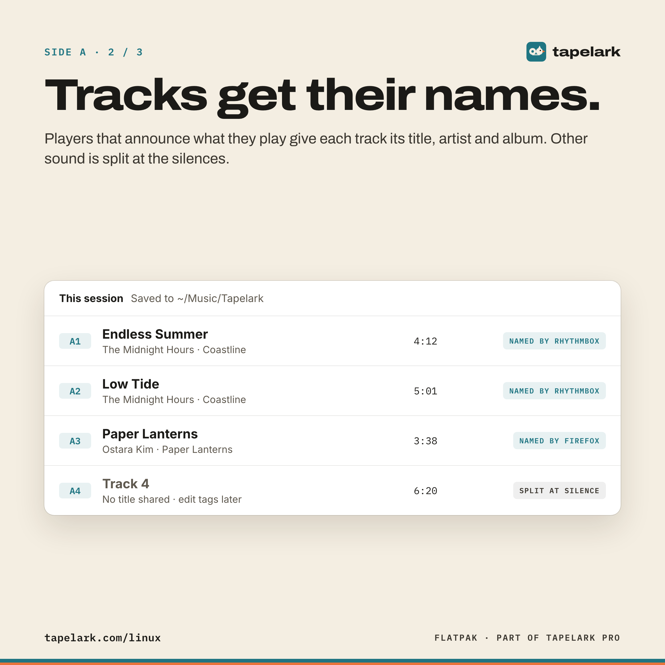 „Tracks get their names.” nad czterema nagranymi utworami: trzy nazwane przez odtwarzacz, czwarty wydzielony w miejscu ciszy