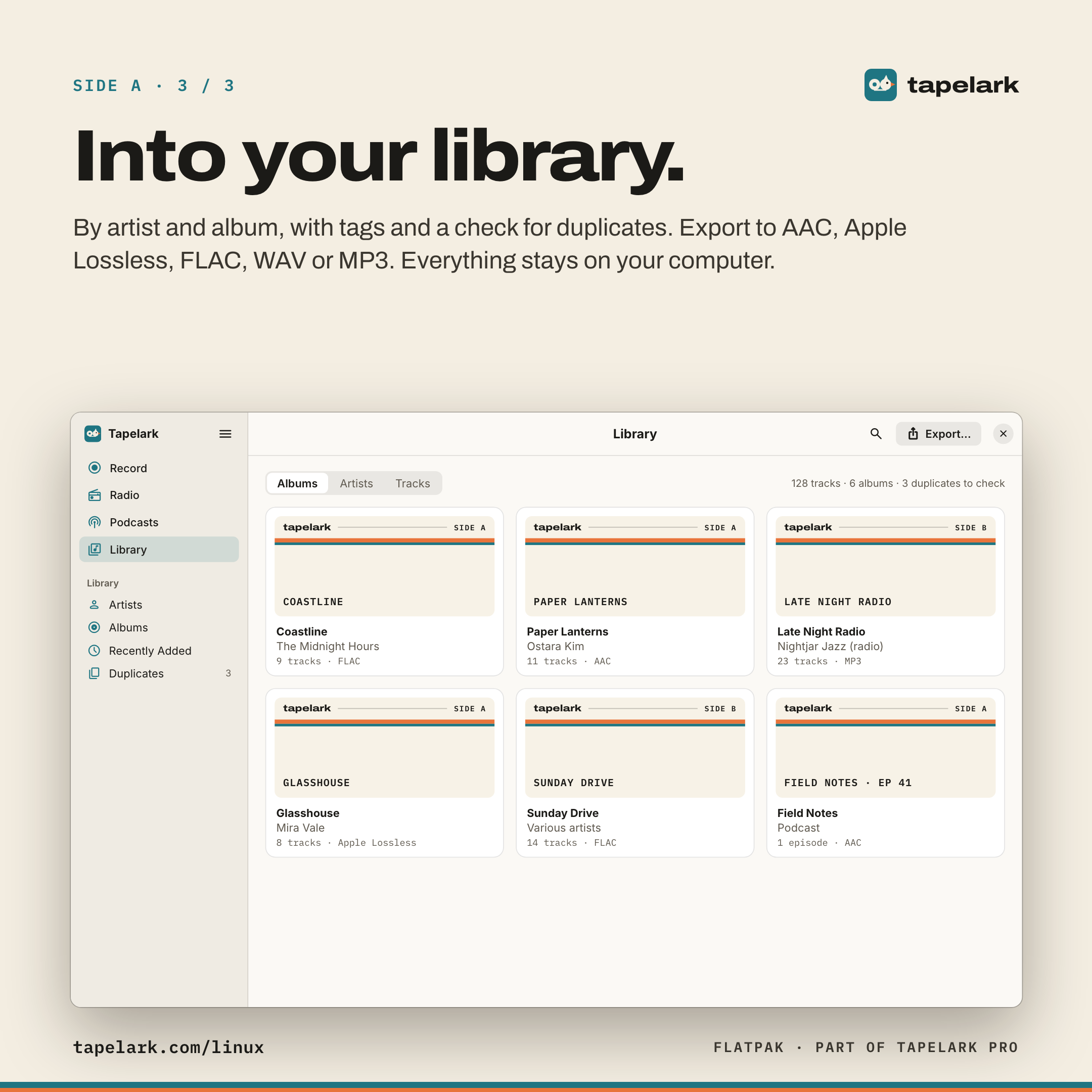 „Into your library.” nad biblioteką, w której albumy wyglądają jak etykiety kaset