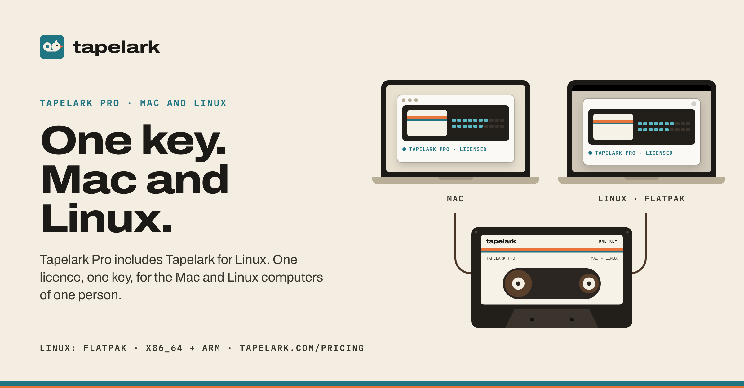 Dwa laptopy, Mac i komputer z Linuksem, oba z licencją Tapelark Pro, połączone taśmą z jedną kasetą: „One key. Mac and Linux.”