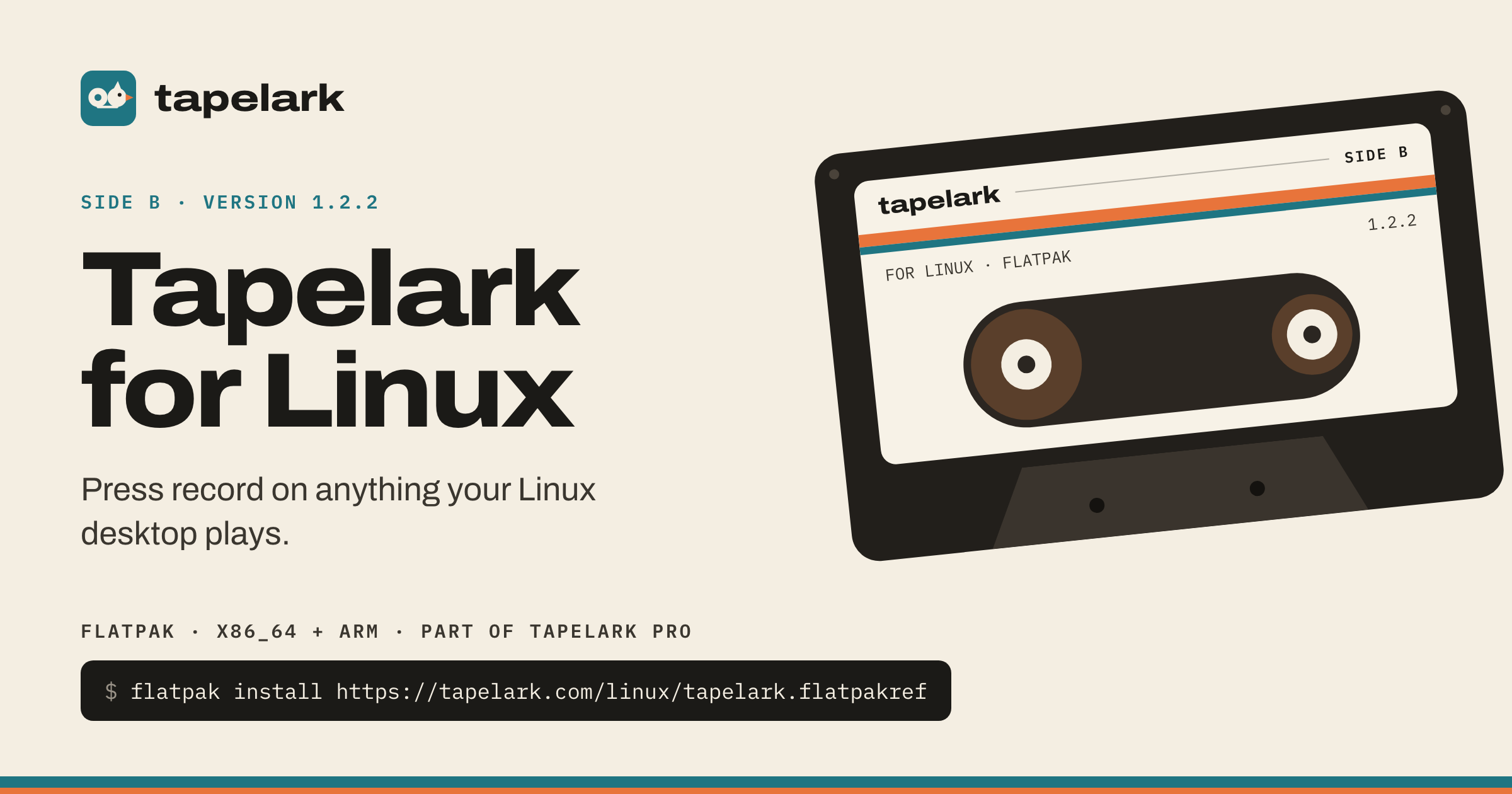 Kaseta z etykietą „For Linux · Flatpak” obok napisu „Tapelark for Linux. Press record on anything your Linux desktop plays.” i polecenia instalacji