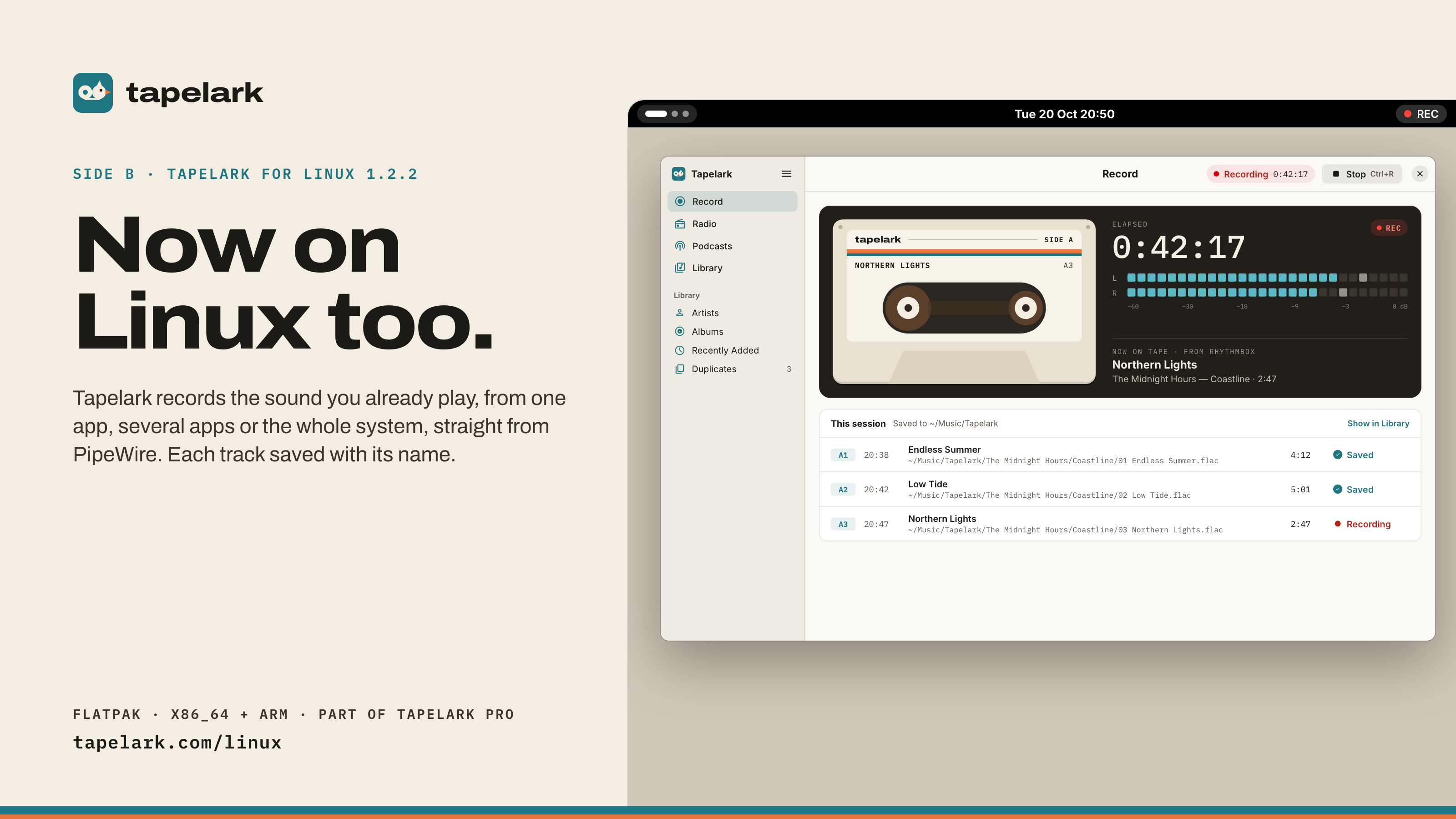 „Now on Linux too.” obok okna Tapelark na pulpicie Linuksa, w trakcie nagrywania